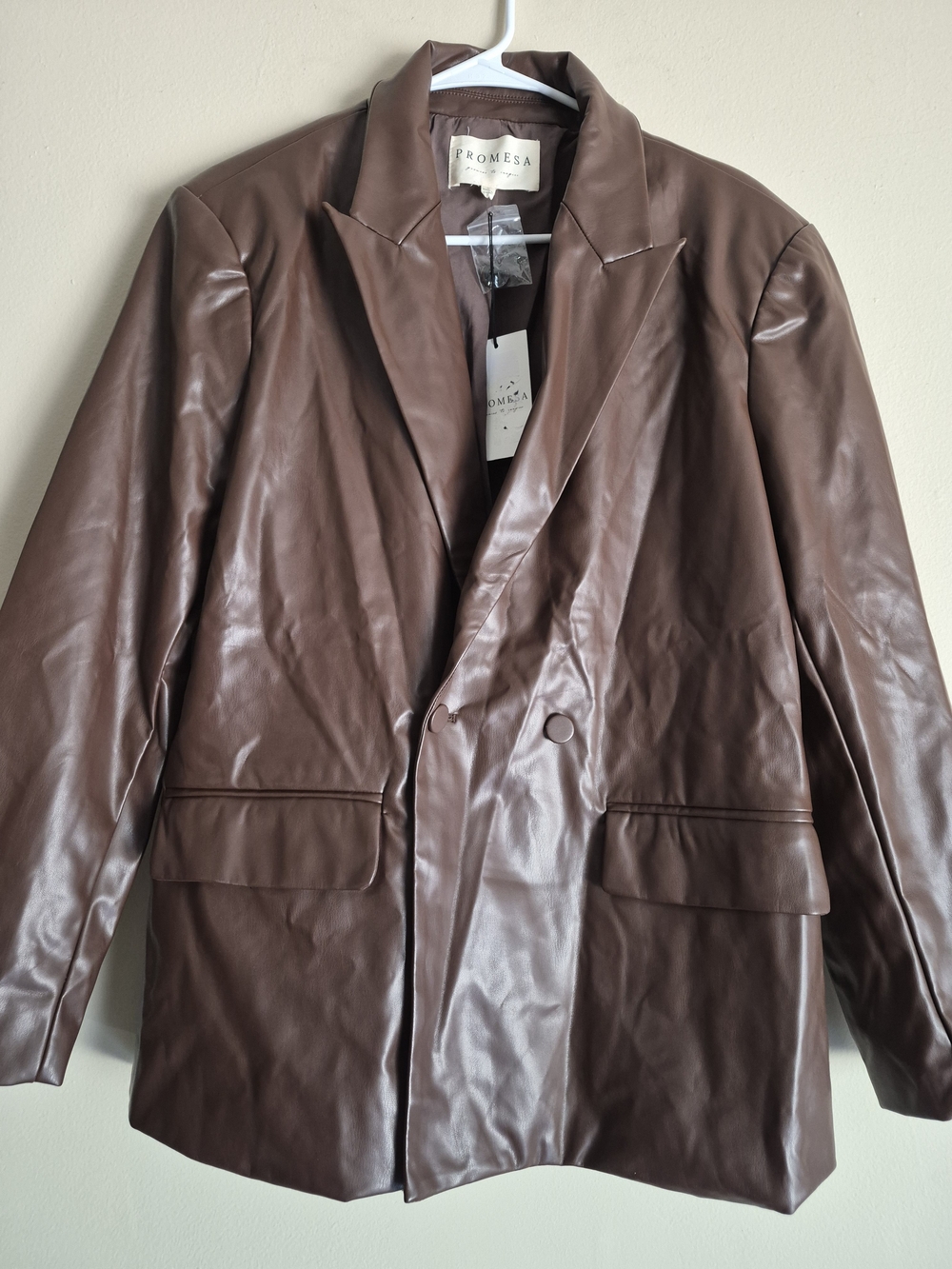 Promesa Chocolate Brown Faux Leather Double-Breasted Blazer